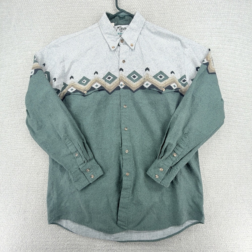 VTG Roper Border Western Shirt Mens L Green Southwestern Aztec Print USA Cowboy